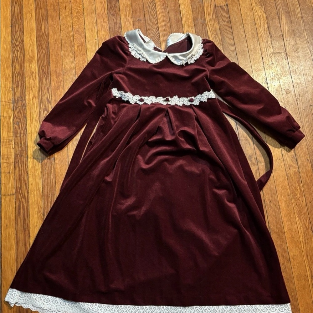 Burgundy Velvet Dress with Lace Trim